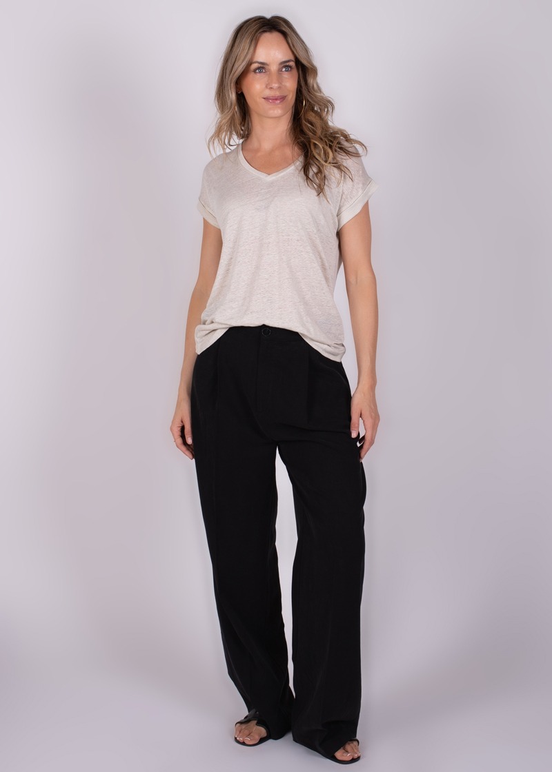 Dames t shirt beige linnen korte mouw met V hals - ATHENE