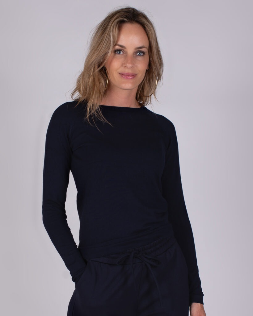 Dames trui navy viscose ronde hals lange mouw-KIEV 