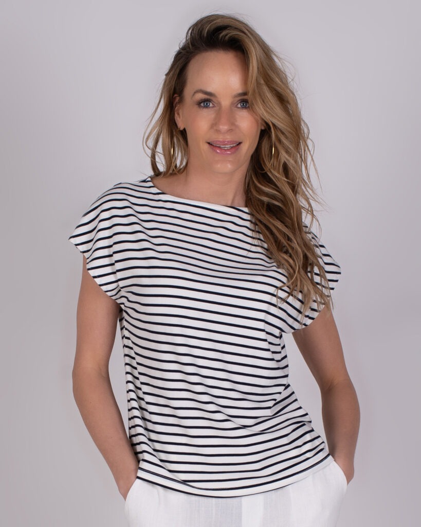Dames Navy offwhite streep top met kap mouw -CAEN 