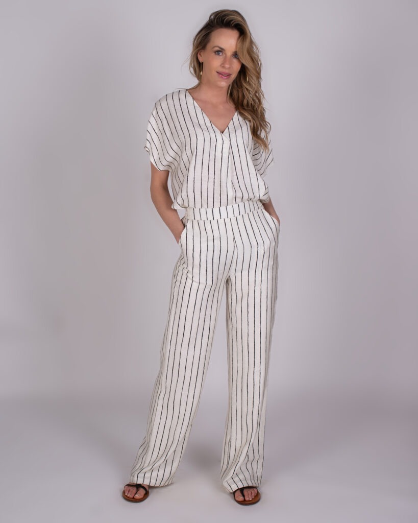 Dames viscose pantalon zwart beige streep- MENDOZA 
