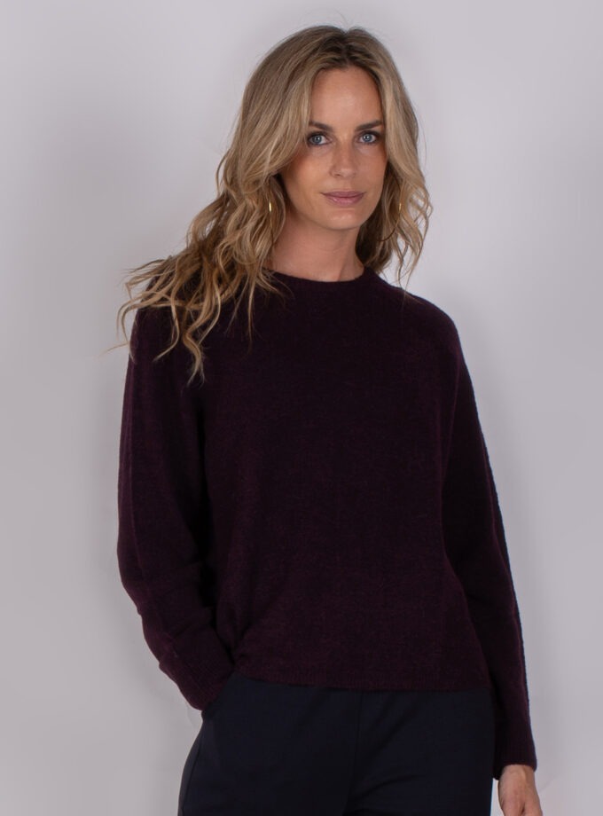 Vrouw poseert in een donkerpaarse trui uit de Studio AW25-26 collectie tegen een neutrale achtergrond.