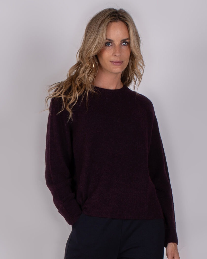 Vrouw poseert in een donkerpaarse trui uit de Studio AW25-26 collectie tegen een neutrale achtergrond.