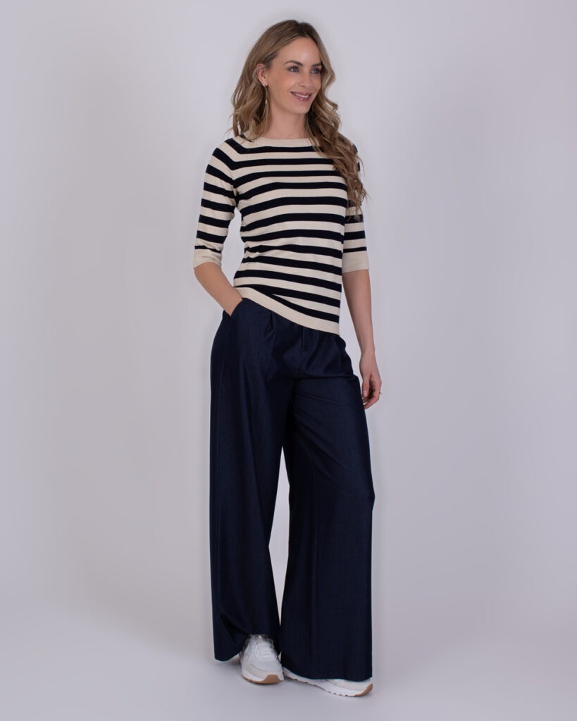 Dames trui navy-pale stripe viscose ronde hals 1/2 mouw - MOSCOW 