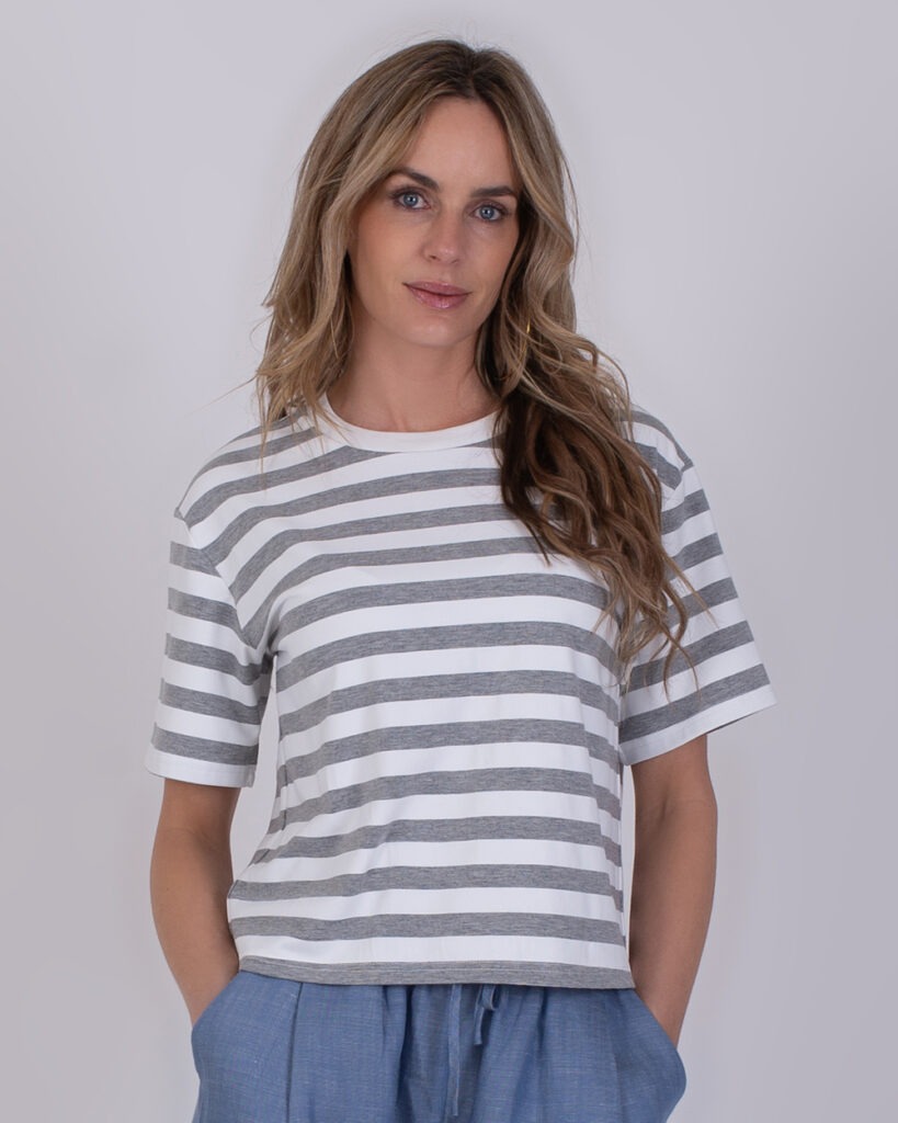 Dames trui grey-offwhite stripe cotton - LARISA 