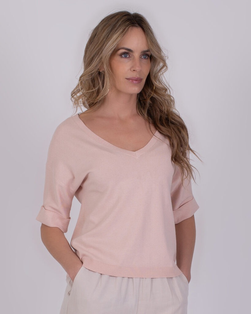 Dames t shirt viscose old pink V-hals met omslag mouw - PYLOS 