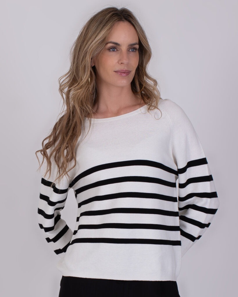 Dames trui off- white black stripe cotton - TRIKALA 