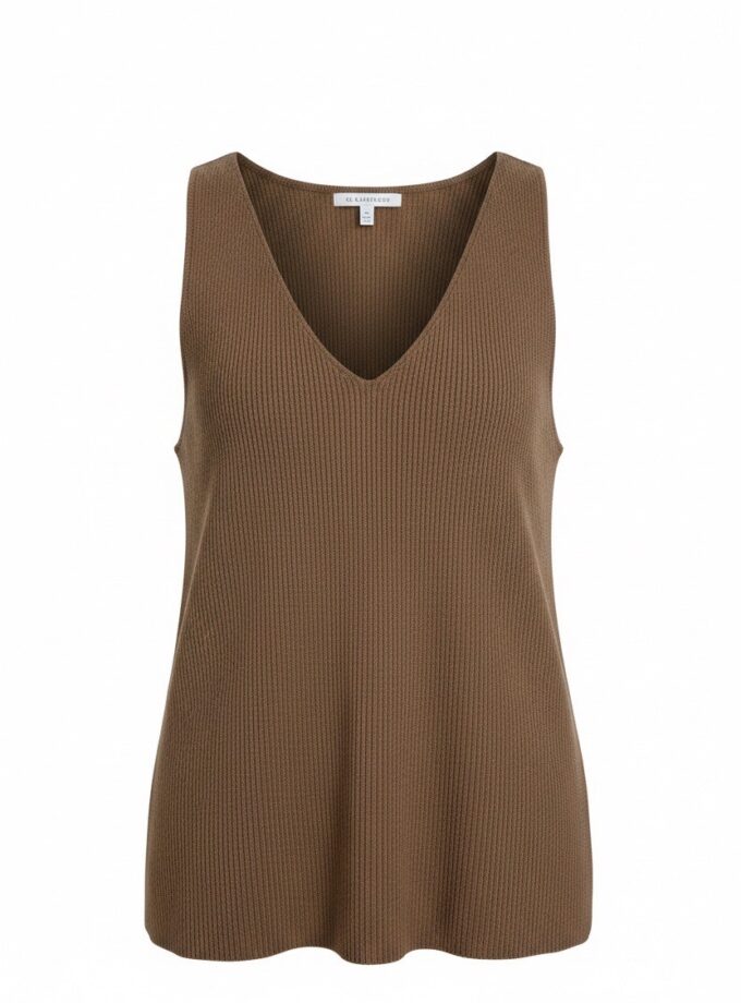 Bruine ribgebreide mouwloze top met V-hals.