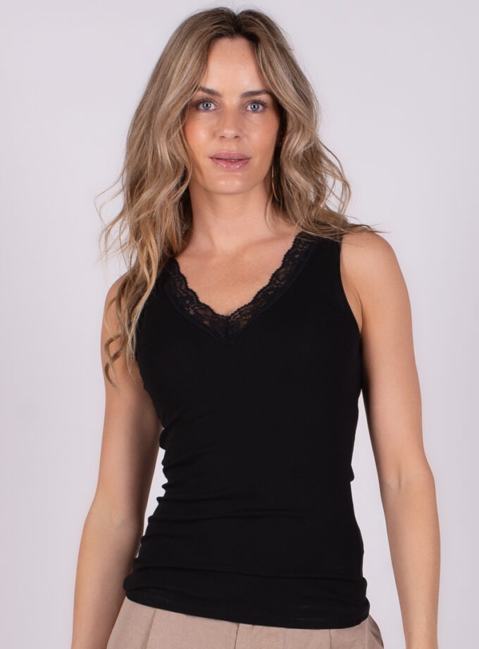 Dames top black katoen stretch met kant - HAMBURG