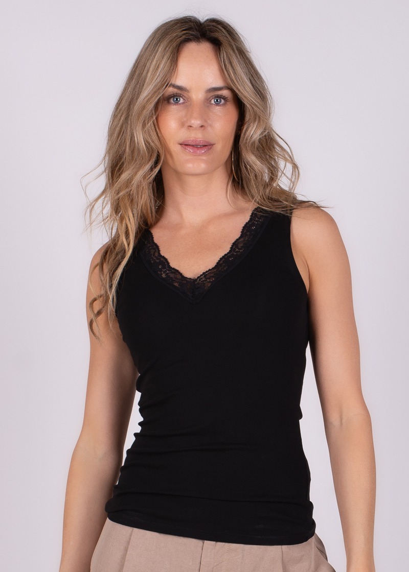 Dames top black katoen stretch met kant - HAMBURG