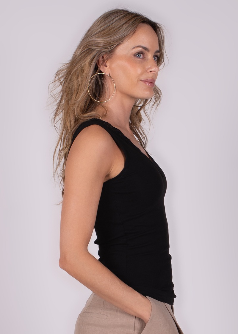 Dames top black katoen stretch met kant - HAMBURG - Afbeelding 3
