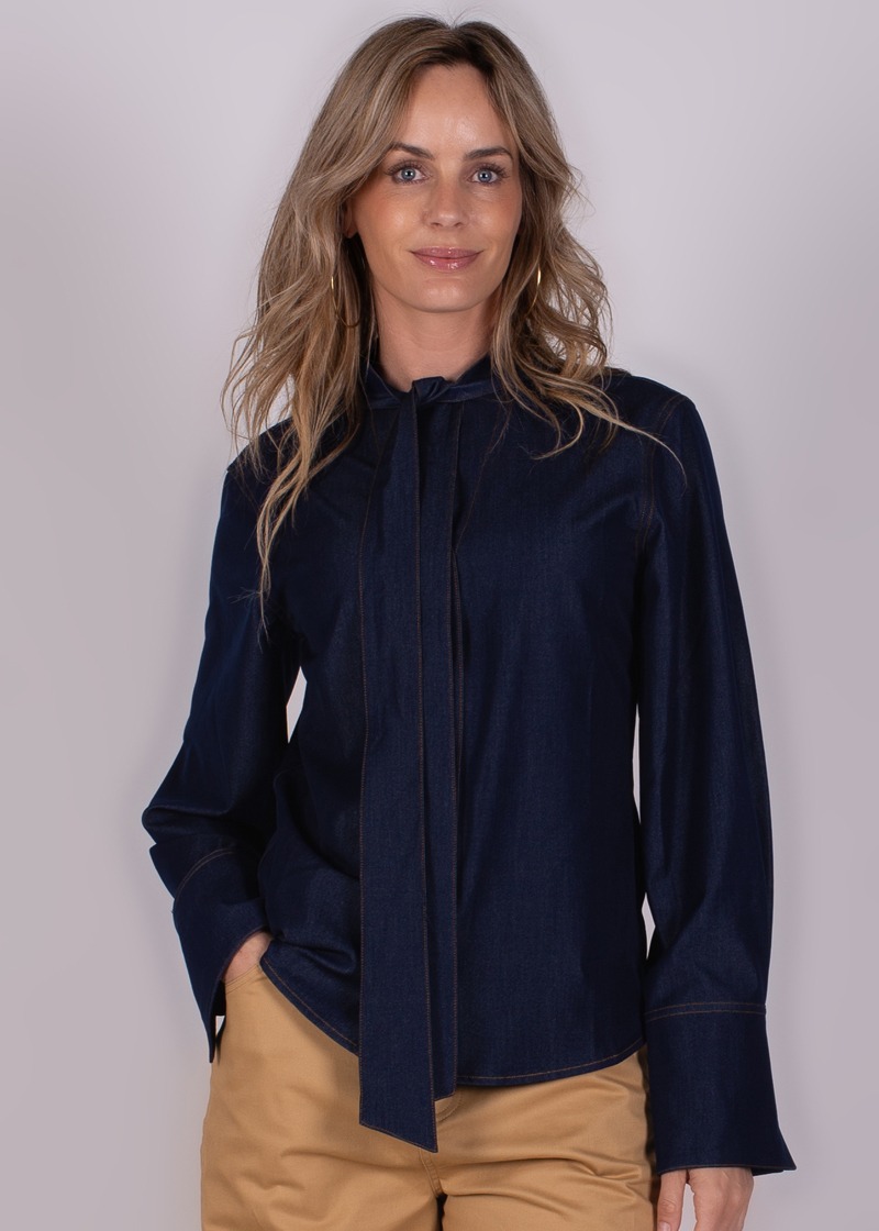 Dames blouse met strik indigo blue - KENTUCKY - Afbeelding 2