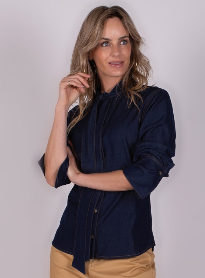 Dames blouse met strik indigo blue - KENTUCKY