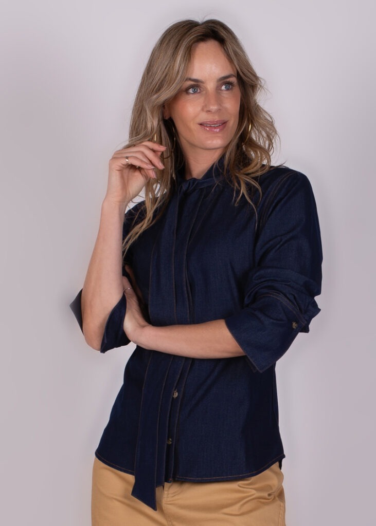 Dames blouse met strik indigo blue - KENTUCKY 