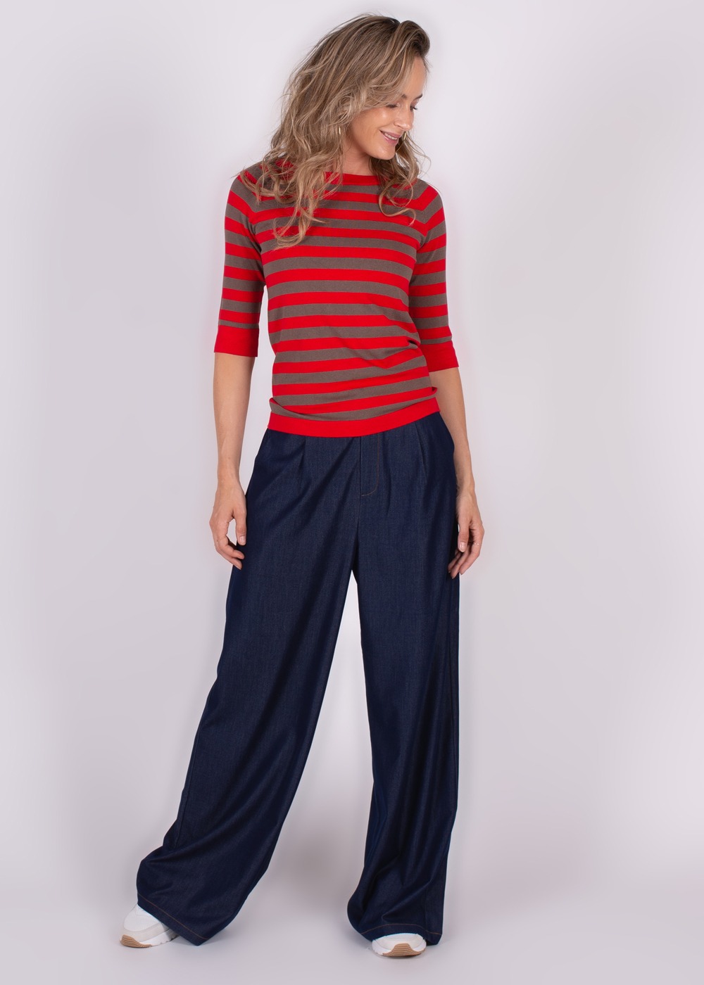Dames pullover paprika taupe stripe viscose – MOSCOW