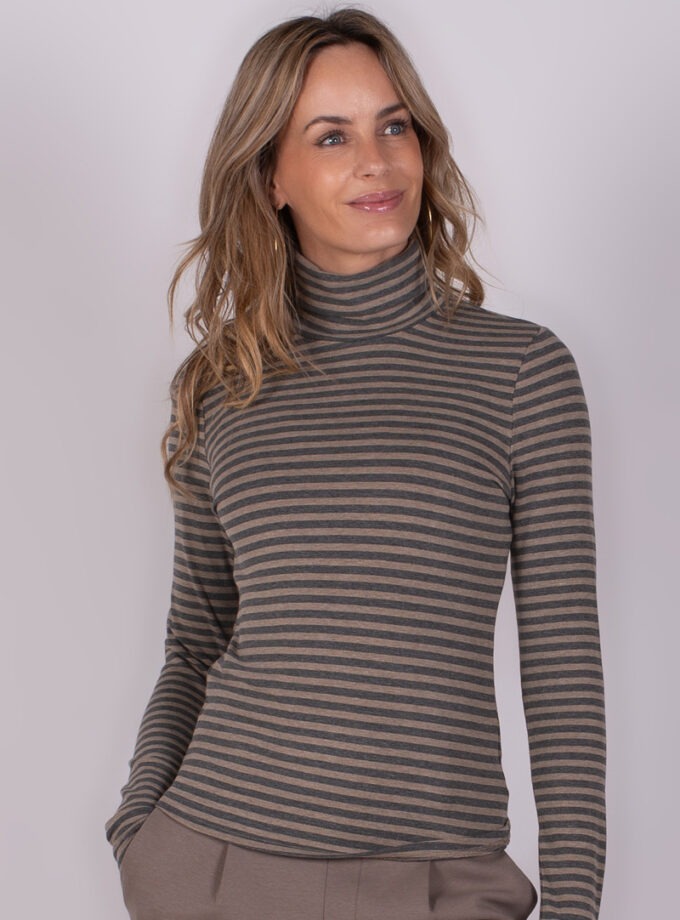 Dames turtleneck stripe taupe grey - VARNA