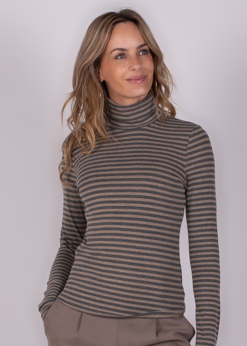 Dames turtleneck stripe taupe grey - VARNA