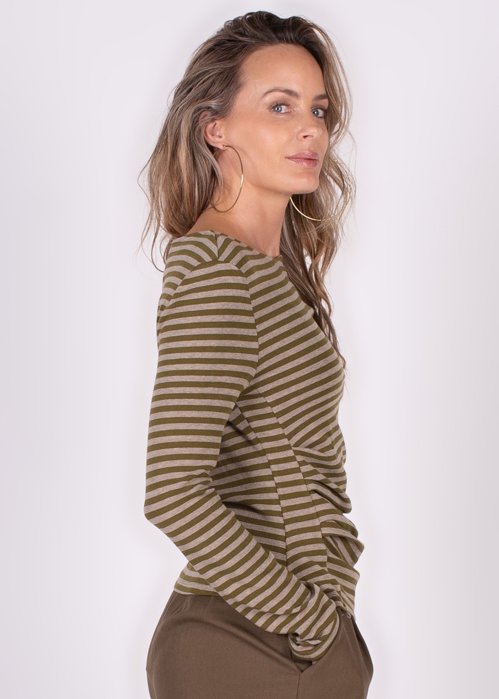 Dames long sleeve shirt stripe lime grey - VARNA - Afbeelding 3